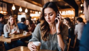 Jeune femme parlant au téléphone dans un café animé.