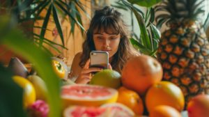 Jeune femme concentrée sur son téléphone portable entourée de fruits tropicaux.