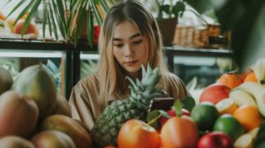 Une jeune femme examinant attentivement un ananas dans une épicerie avec des fruits colorés en arrière-plan.