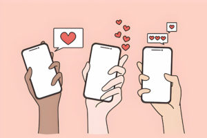 Trois mains tenant des smartphones avec des bulles de message contenant des cœurs, symbolisant une conversation amoureuse.