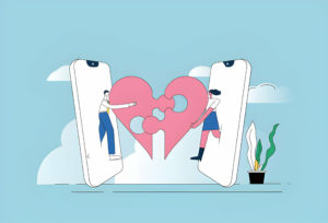 Illustration de deux personnes se connectant par un cœur brisé sur des smartphones.