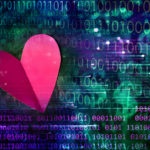 Cœur rose sur fond de données numériques en binaire.